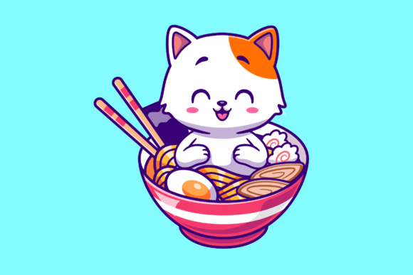 Download Cute Cat in Ramen Noodle Bowl Cartoon - Art Collection