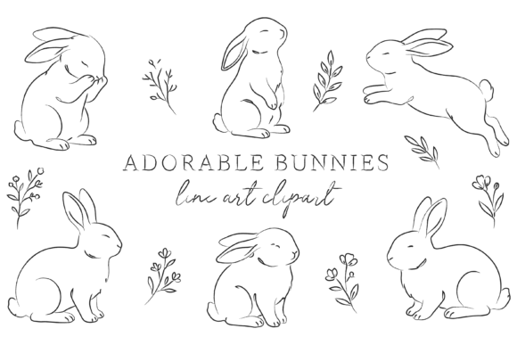 Download Minimalist Line Art of Six Cute Bunnies - Art Collection