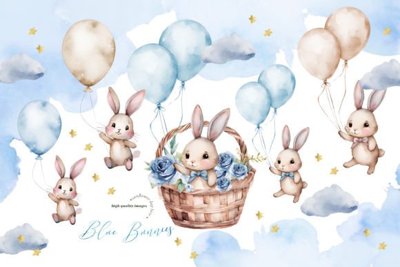 Download Bunnies Blue &amp; Gold Balloon Clipart - Art Collection