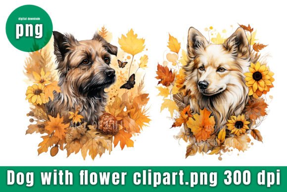 Download Cute Dog Clip Art with Autumn Flowers. - Art Collection