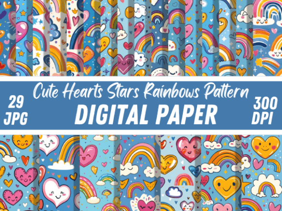 Download Cute Kawaii Hearts Stars Rainbow Pattern - Art Collection