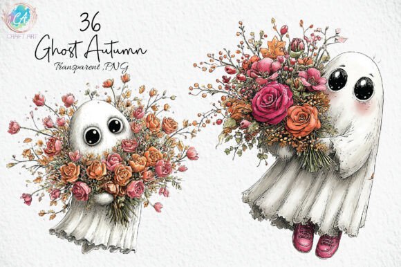Download Cute Ghost Autumn Flower Bouquet Clipart - Art Collection